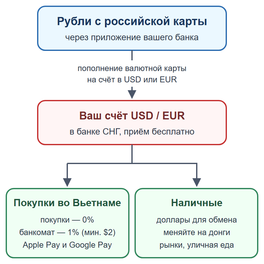 Схема: пополнение валютной карты рублями, оплата картой и телефоном, наличные на мелкие расходы