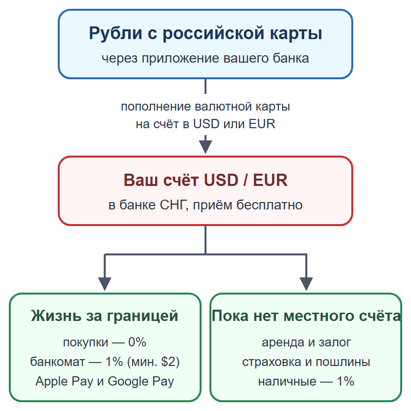 Схема: пополнение валютной карты рублями и оплата жизни за границей, пока не открыт местный счёт по ВНЖ