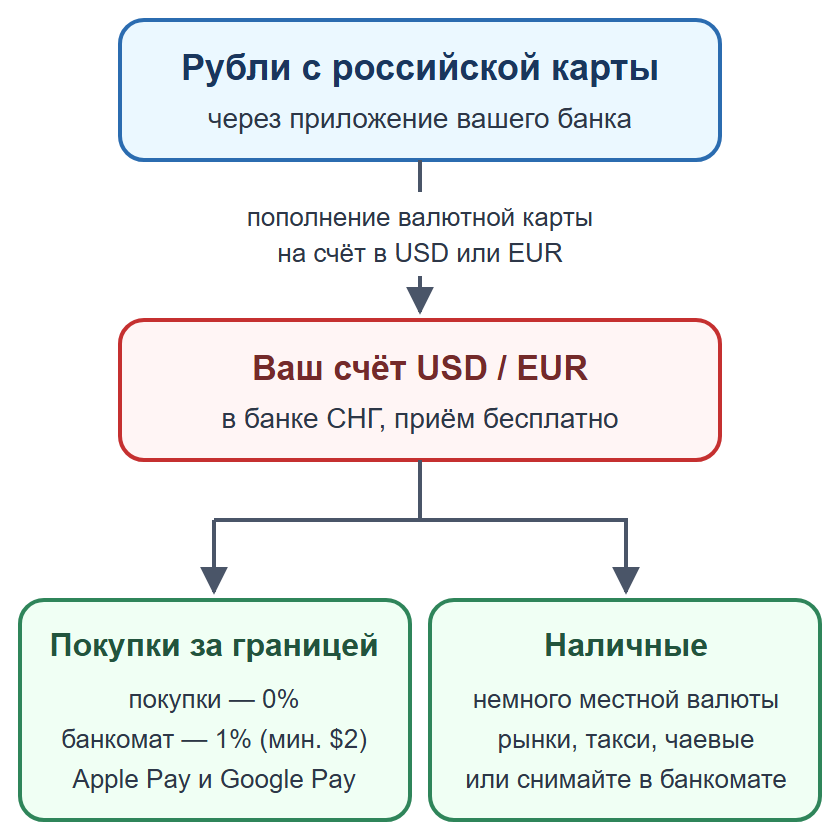 Схема: пополнение валютной карты рублями, оплата картой и телефоном, наличные на мелкие расходы