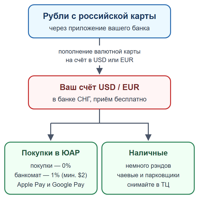 Схема: пополнение валютной карты рублями, оплата картой и телефоном, наличные на мелкие расходы