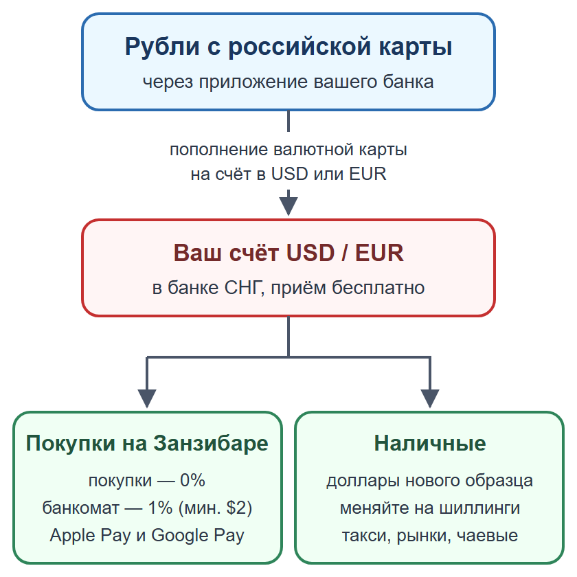 Схема: пополнение валютной карты рублями, оплата картой и телефоном, наличные на мелкие расходы