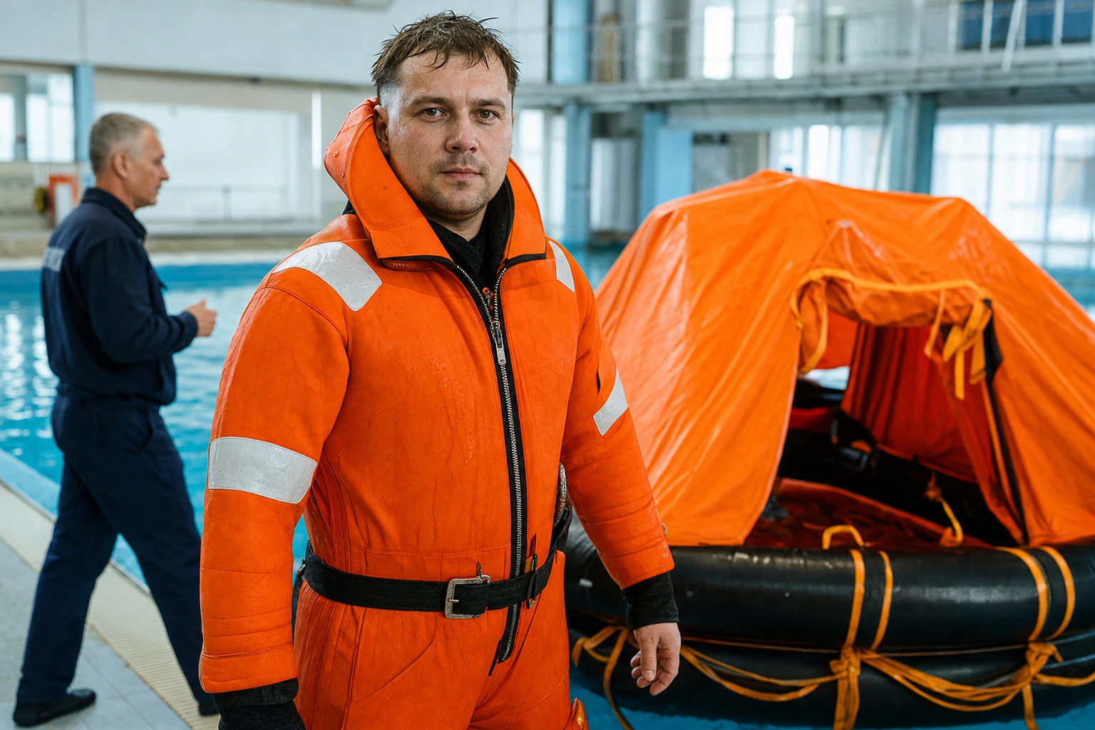 Моряк на тренажёрной подготовке по выживанию