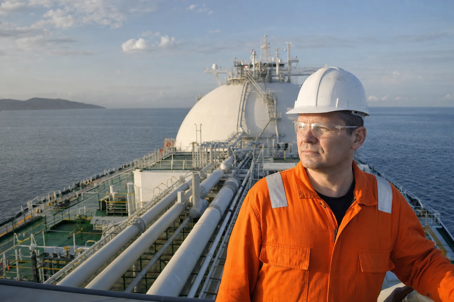 Моряк на палубе газовоза СПГ