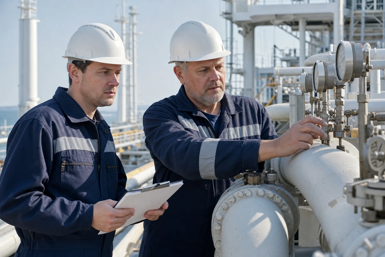 Моряки проверяют манометры на газовозе