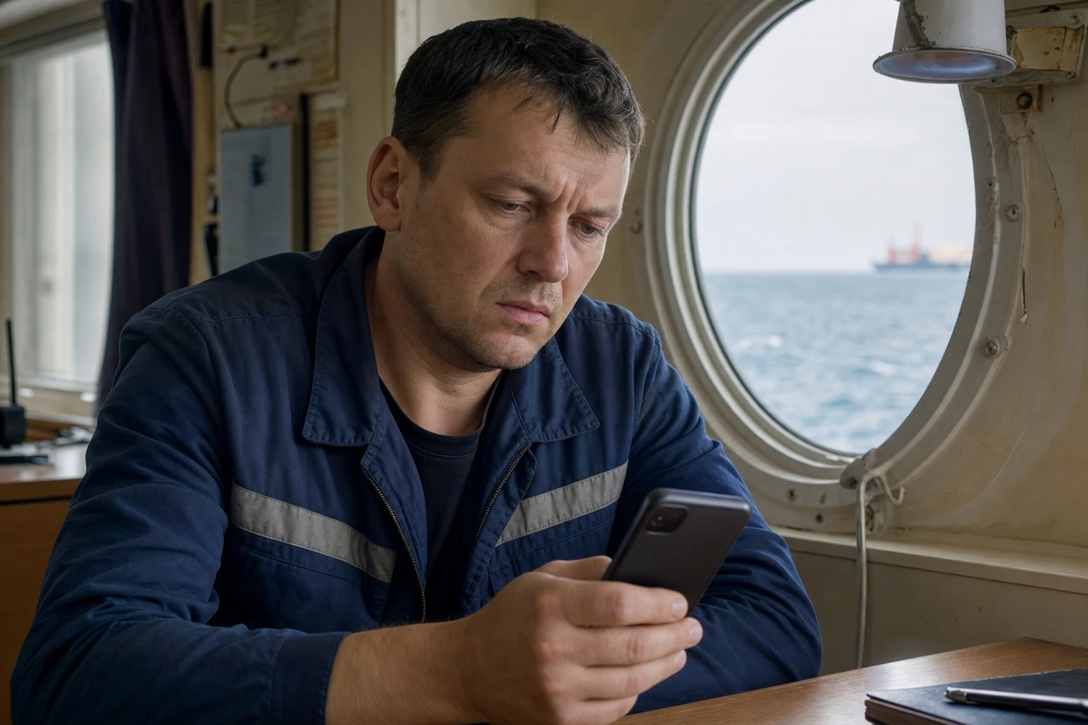 Моряк в каюте проверяет перевод зарплаты