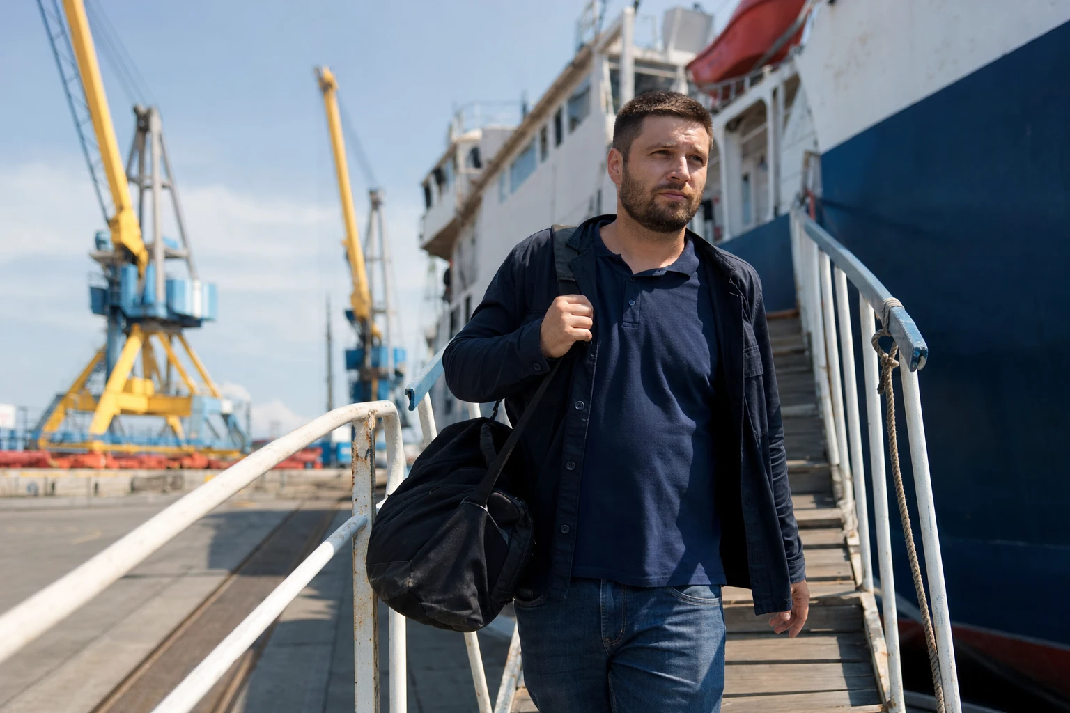 Моряк сходит с судна в порту