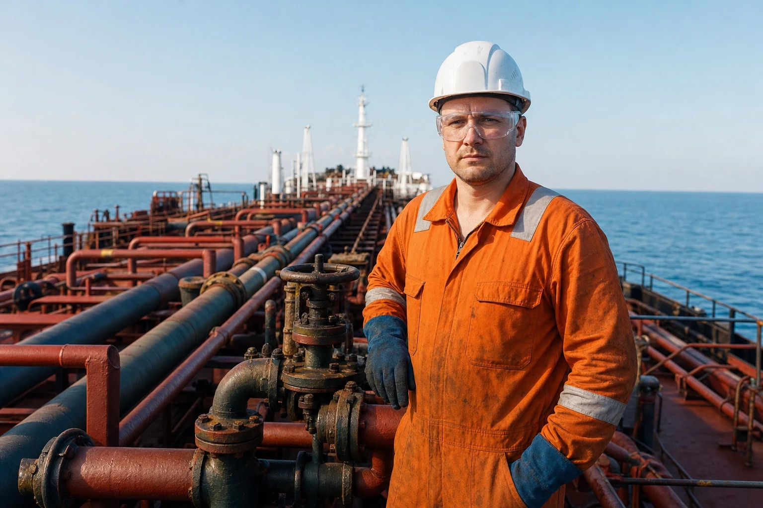 Моряк на палубе нефтяного танкера