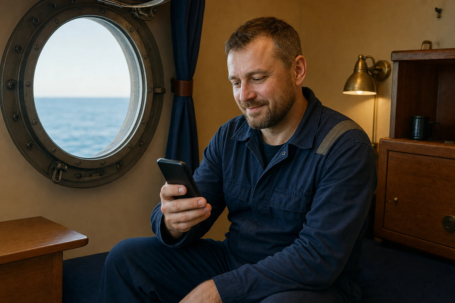 Российский моряк в каюте у иллюминатора переводит зарплату с телефона