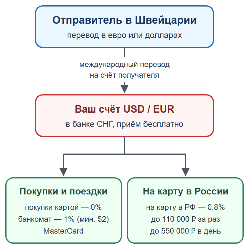 Схема: личный перевод на счёт получателя в банке СНГ, затем покупки или перевод на карту в России