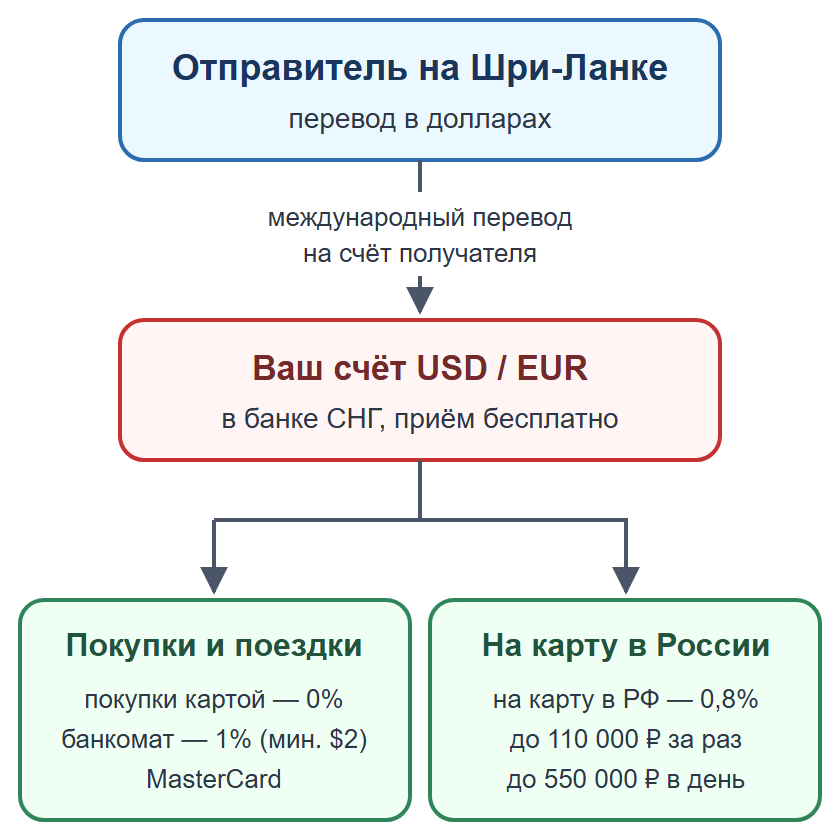 Схема: личный перевод на счёт получателя в банке СНГ, затем покупки или перевод на карту в России