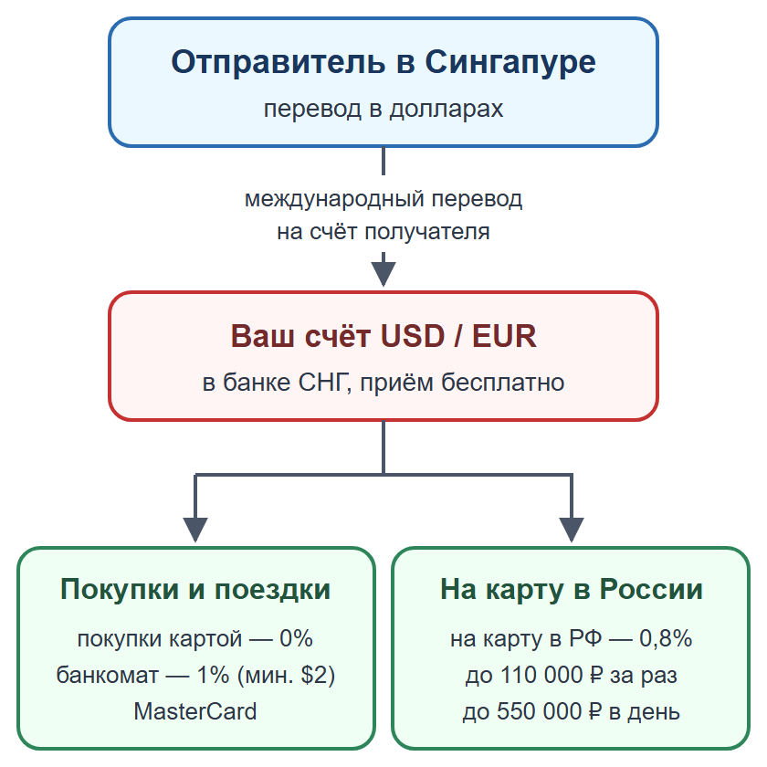 Схема: личный перевод на счёт получателя в банке СНГ, затем покупки или перевод на карту в России