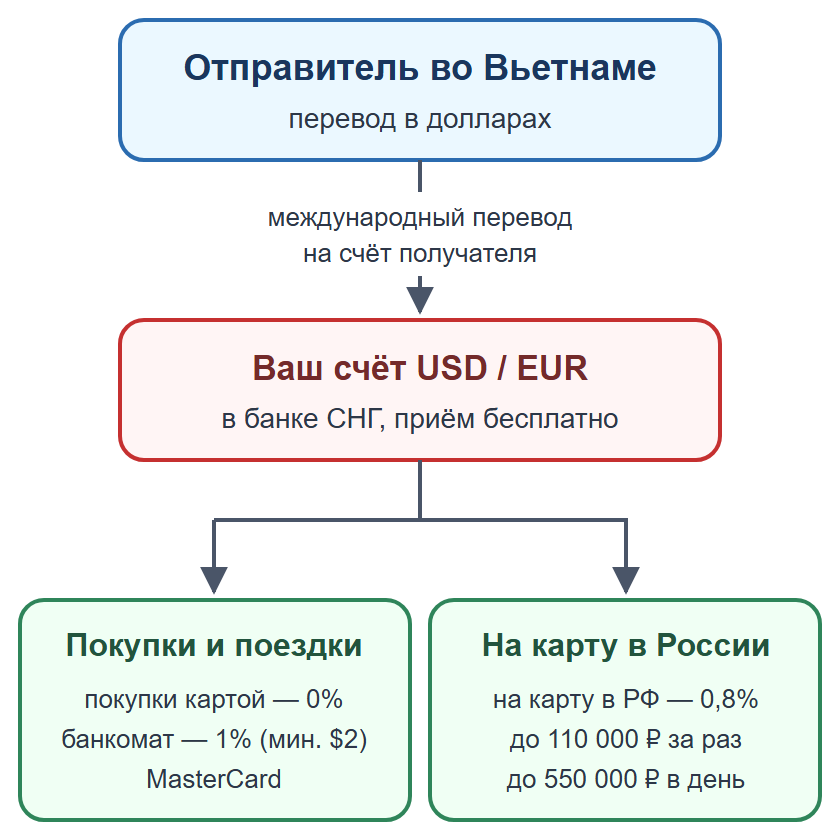 Схема: личный перевод на счёт получателя в банке СНГ, затем покупки или перевод на карту в России